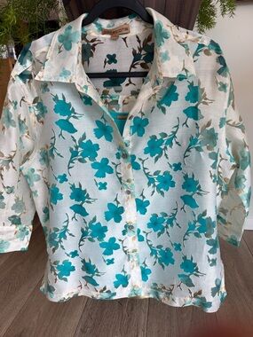 Notations Teal Floral Sheer Button-Up Blouse